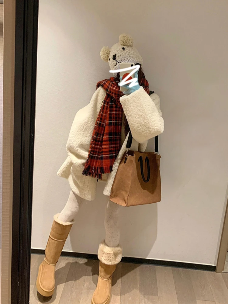 السيدات لينة Plu لامب الفراء Jaet الأبيض كسول Sle الخريف الشتاء جديد وصول الكورية الوقوف صالح ort ملابس خارجية معطف