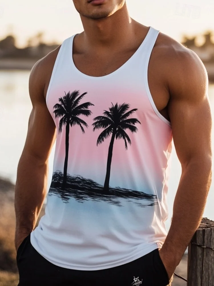 New 3D Palm Tree Printed Men's Beach Tank Top Summer Seaside Vacation Men's Casual Top Outdoor Running Men's Sleeveless T-shirt