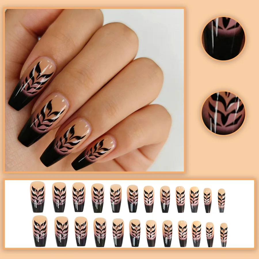 Medium fake nails for women girls fashion purple black flora strips design full cover ballet nail tips press on false nail art