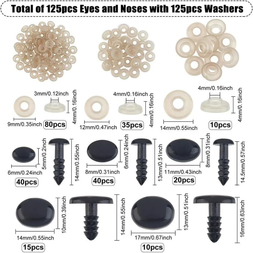 125Pcs Safety Eyes and Noses 5 Size 6/8/11/14/17mm Resin Craft Eyes with Washers Oval Plastic Bear Eyes and Noses for Stuffed
