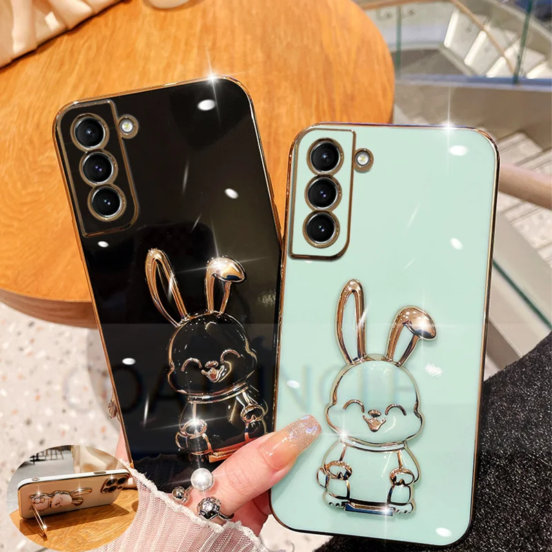 Cute Rabbit Holder Phone Bracket Case For OPPO A98 A78 A58 A16 A17 A57 A94 A12 A15 A77 A96 A54S A53 A54 A74 A5 A9 Plating Cover