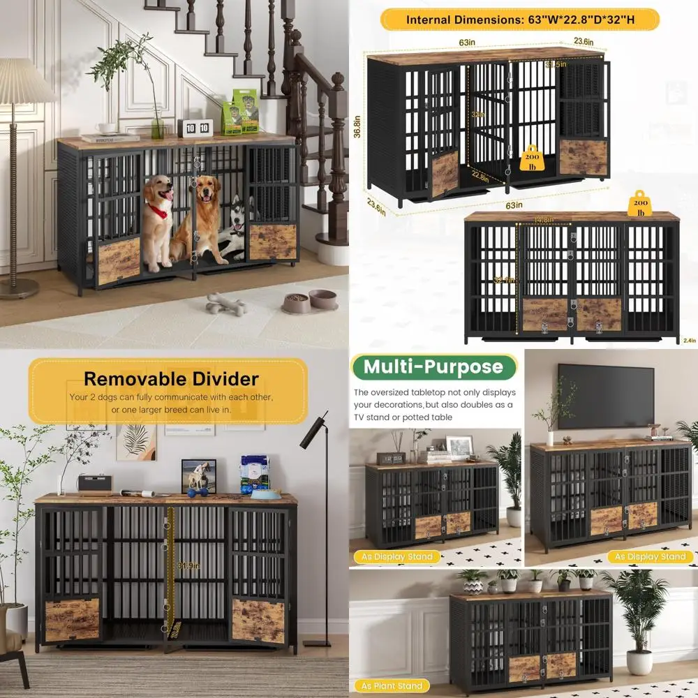 

Очень большой сверхмощный двойной ящик для собак со съемным перегородкой, 63-дюймовая большая мебель для питомника для собак, удобная для телевизора