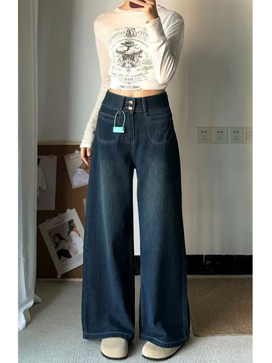 

Прямые джинсы больших размеров с высокой талией, женские весенне-осенние свободные широкие брюки длиной до пола для грушевого тела