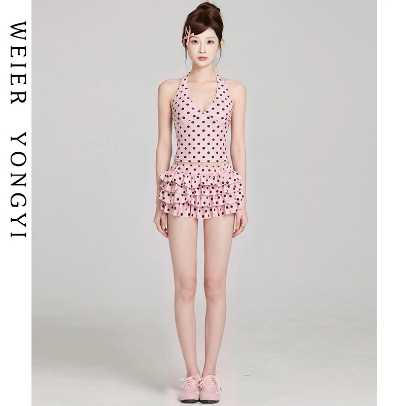 Sweet Pink Polka Dot Bikini Women's Halter Neck Skirt Style Sexy Gathered Chest Beach Vacation Swimming Costume