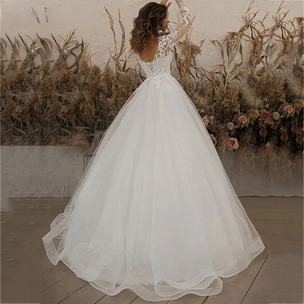 Elegante abito da sposa Boho A Line per donna O collo manica lunga Appliques in pizzo abito da sposa abiti da principessa su misura