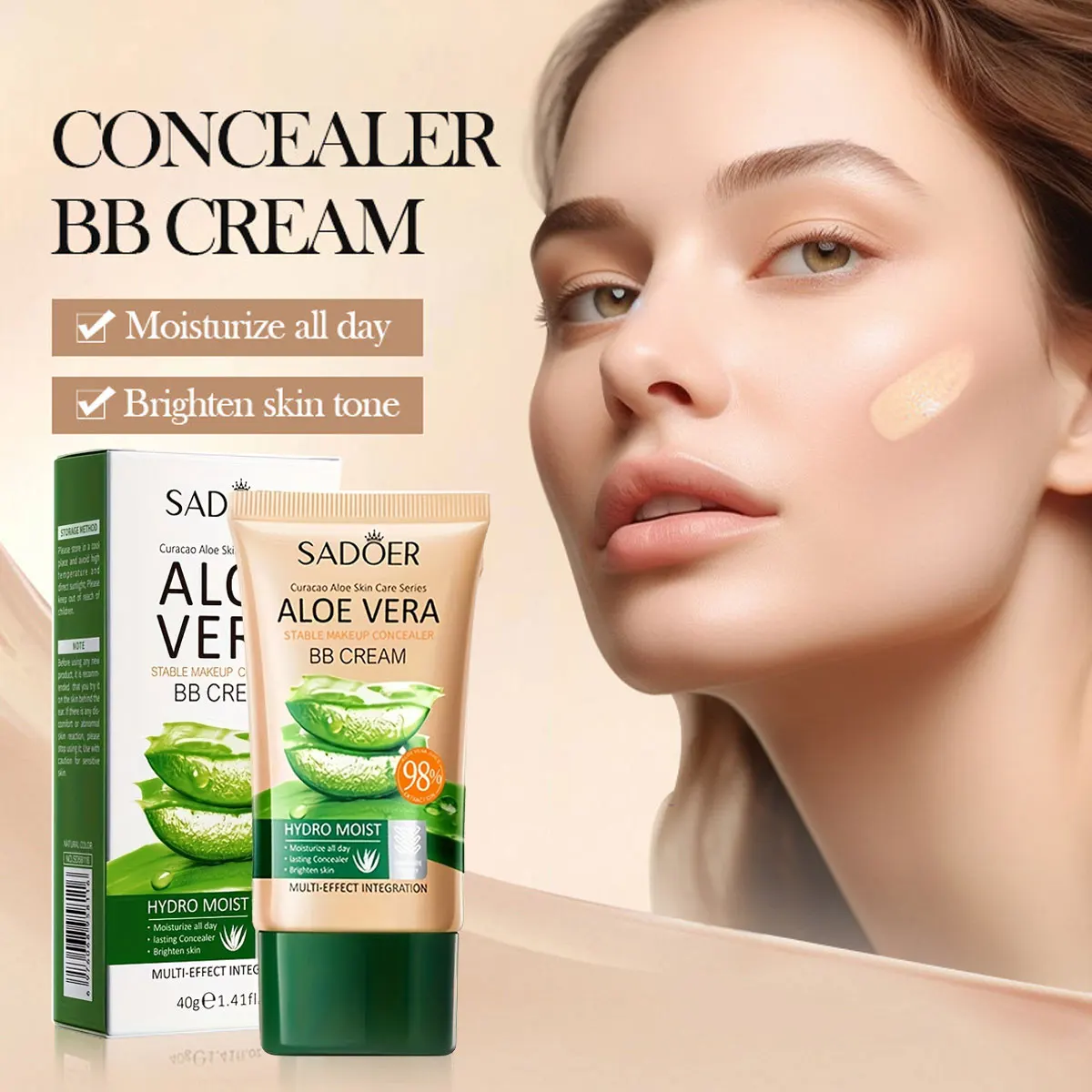 Aloe Concealer BB Cream, base líquida hidratante de cor natural, corretivo, cobrindo poros e defeitos