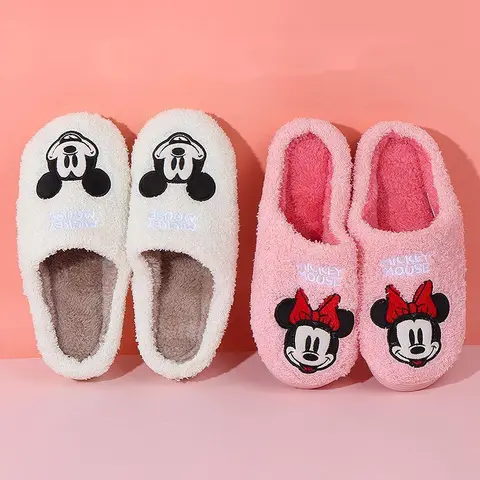 Disney Mickey Minnie Damen Baumwolle Hausschuhe Winter Home Wärme Plüsch Baumwolle Schuhe Niedlichen Cartoon Einfache Mode Casual Hausschuhe