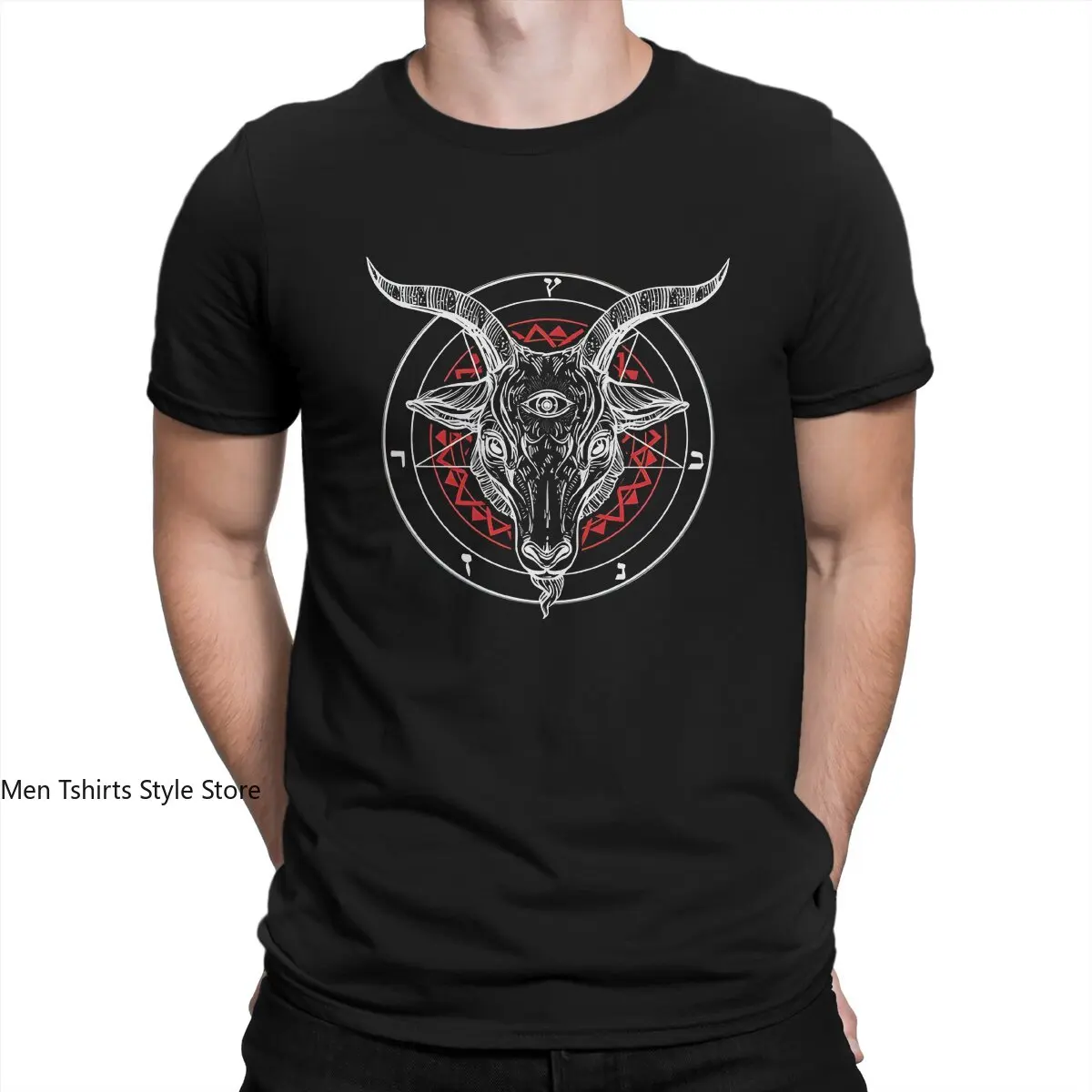 Baphomet Circle Satan Symbol Lucifer Devil T-Shirt for Men Satanic Goat Novelty Pure Cotton Tees O Short Sleeve T Shirts Gift