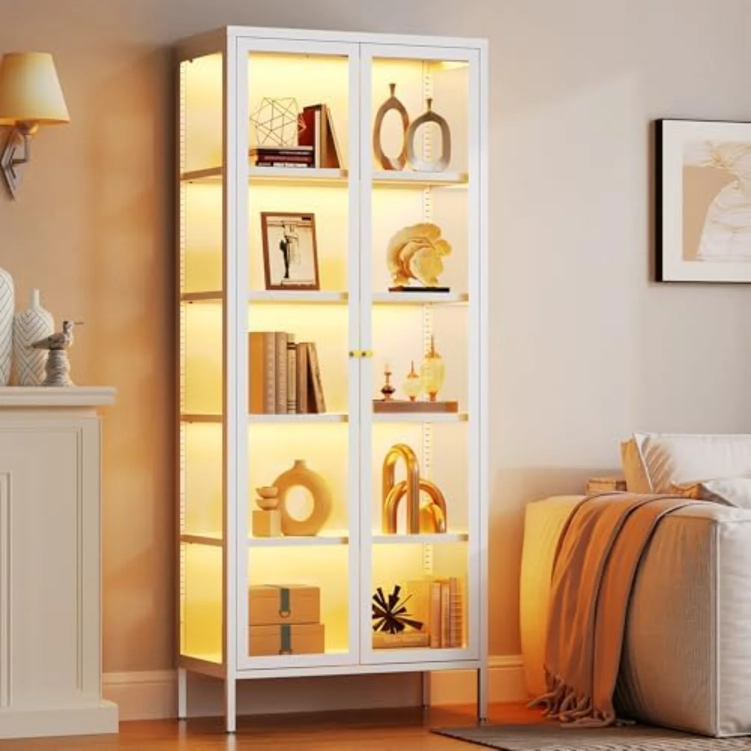 Vitrina de Vidrio de 5 Niveles con 13 Luces de Colores, 67 Pulgadas de Alto | Vidrio templado de 3 lados, 60 lb/estante, tira de LED magnética