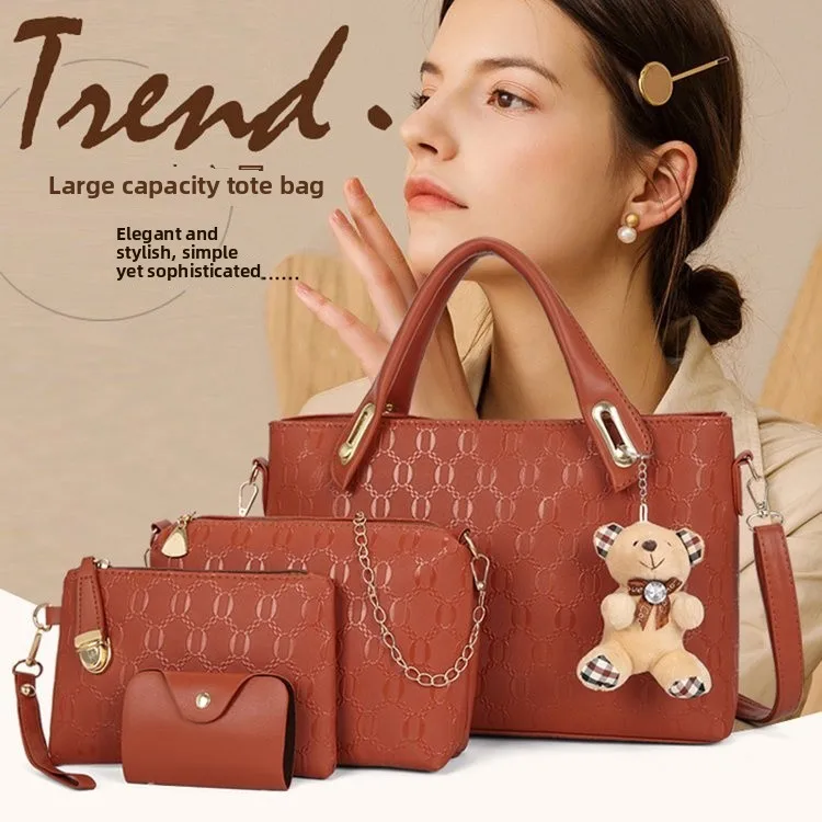 

2025 New Fashionable Korean Bear Mother-Child Bag Set Women's Handbag Shoulder Bag Crossbody Bag Soft PU Leather Commuter Bag
