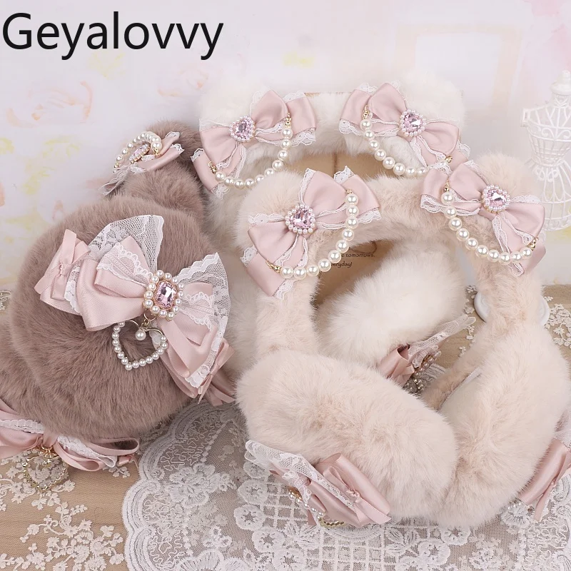 Японские оригинальные милые плюшевые наушники ручной работы с кружевным бантом и бисером, зимние универсальные теплые чехлы для ушей для девочек, защита