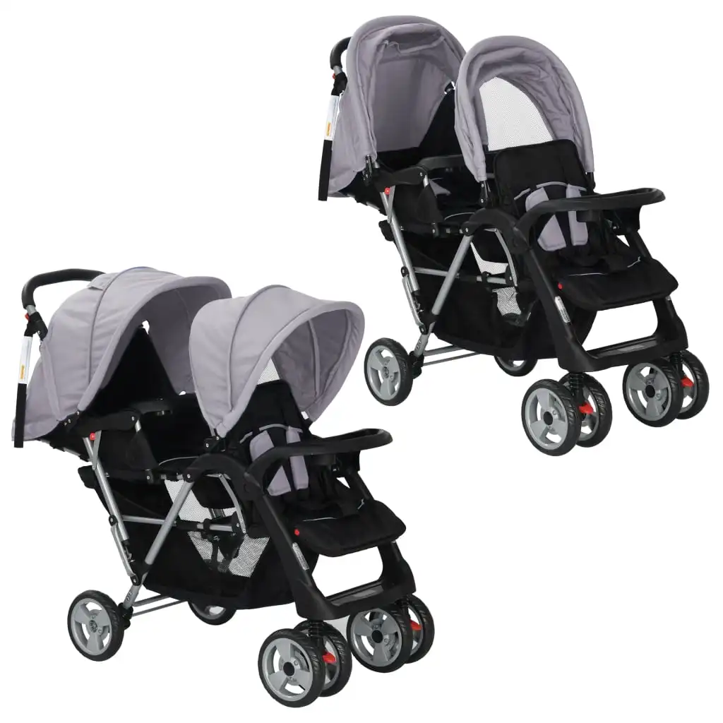 Steel gray and black two-seater stroller