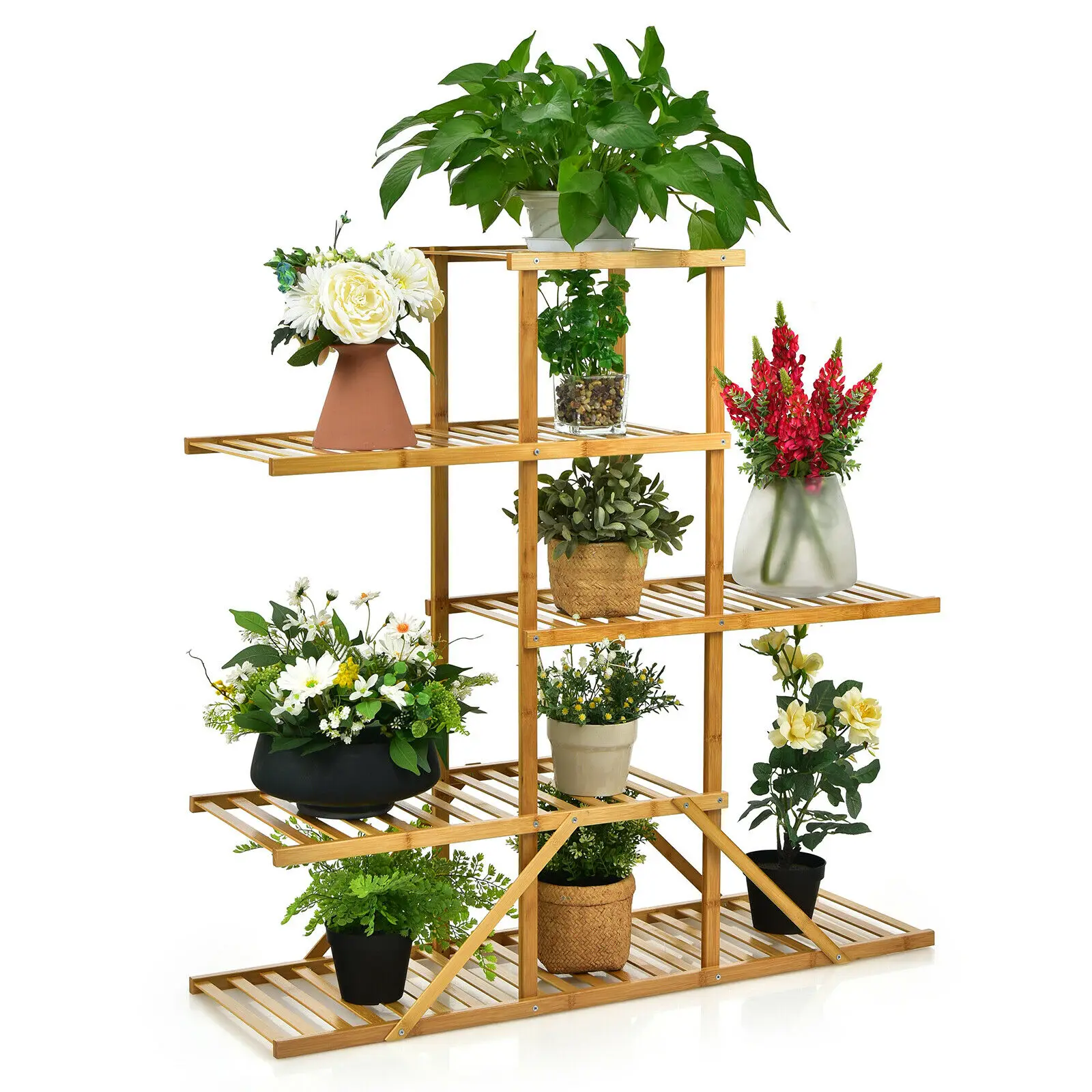 Bamboo Plant Stand 5 tier 10 Potted Plant Shelf Display Holder Brown/Natural