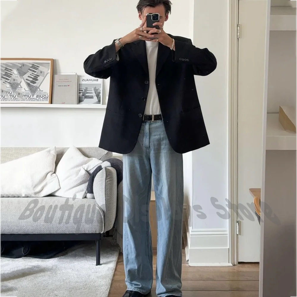 

Classic Vintage Two Piece Men's Suit Casual Black Jacket Denim Pants Single Breasted Peak Lapel Boyfriend Outfit Blazer Set