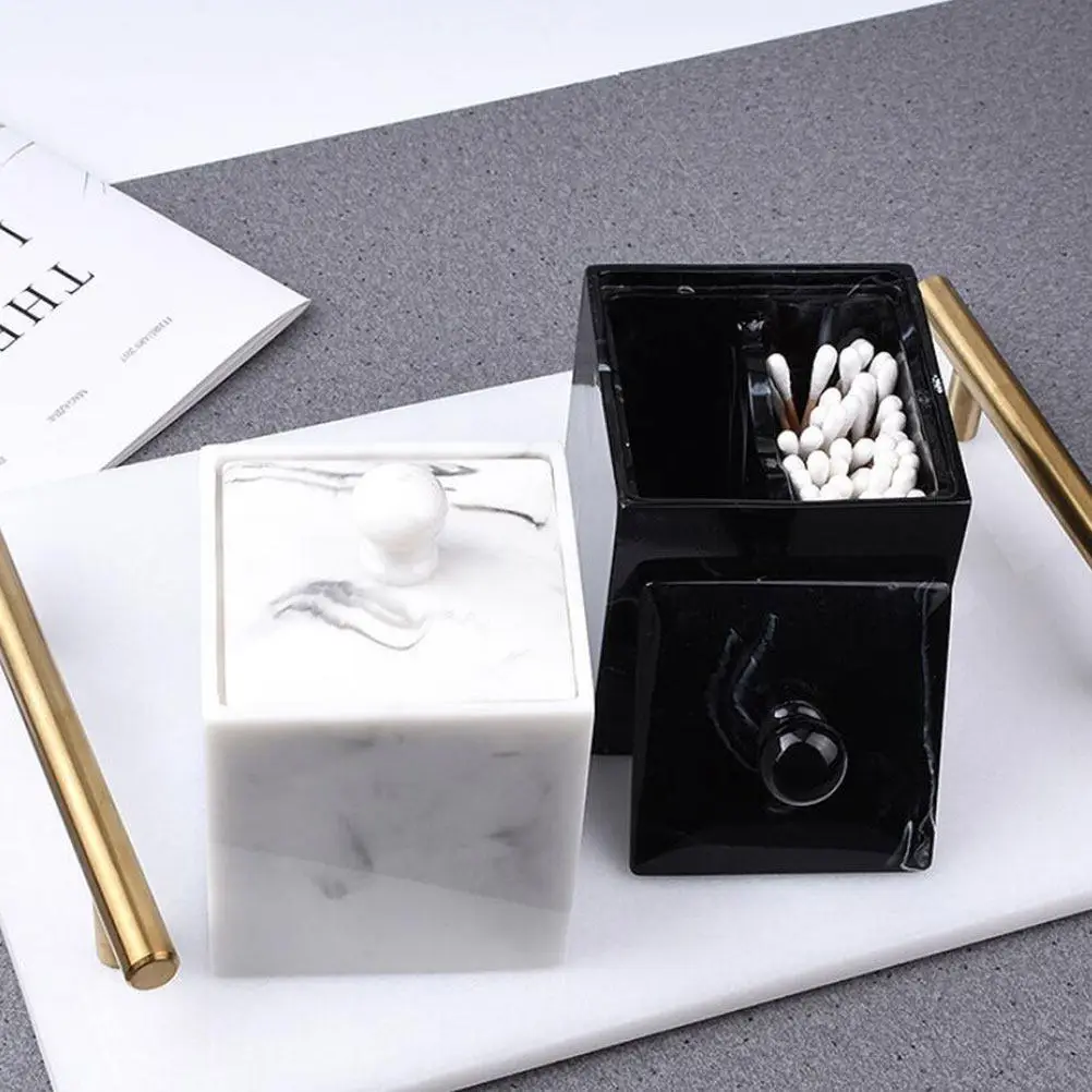 1Pcs High Quality Resin Marble Texture Cotton Swabs Organizer Toothpick Box Makeup Cotton Pads Holder Dustproof Space Saving