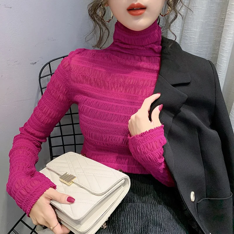 

Women's High Collar Lace Base Shirt Thickened Fleece Autumn Winter Sweater Inner Wear Korean Style Long Sleeve Slim Fit Top