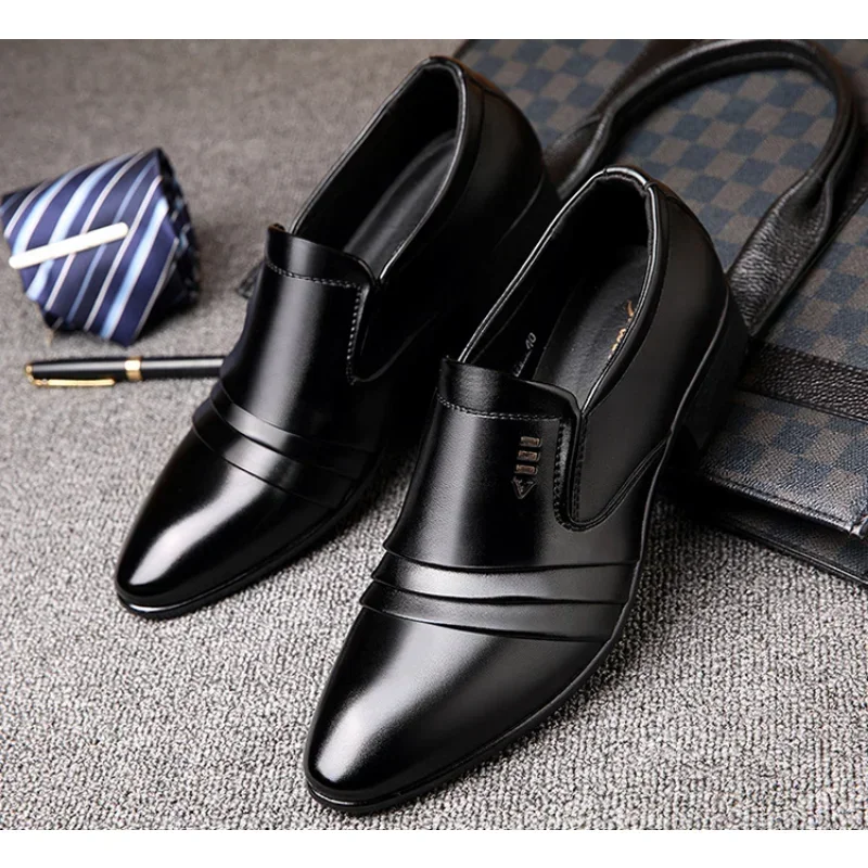 Mens Dress Shoes PU Leather Fashion Men Business Dress Loafers Pointy Black Shoes Oxford Breathable Pointed Formal Wedding Shoes