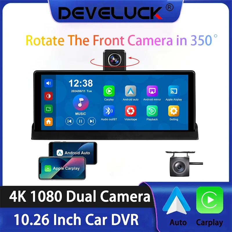 10.26 Inch 4K Car Dash Cam BT5.0 Rearview Camera DVR Carplay Android Auto GPS Navigation Video Dashboard Mirror Monitor Dashcam