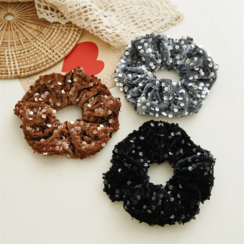 New Fashion Glitter Sequin Velvet Scrunchies Party Hair Accessories Solid Head Bands Elastic Hair Rope Hair Ties For Women Girls