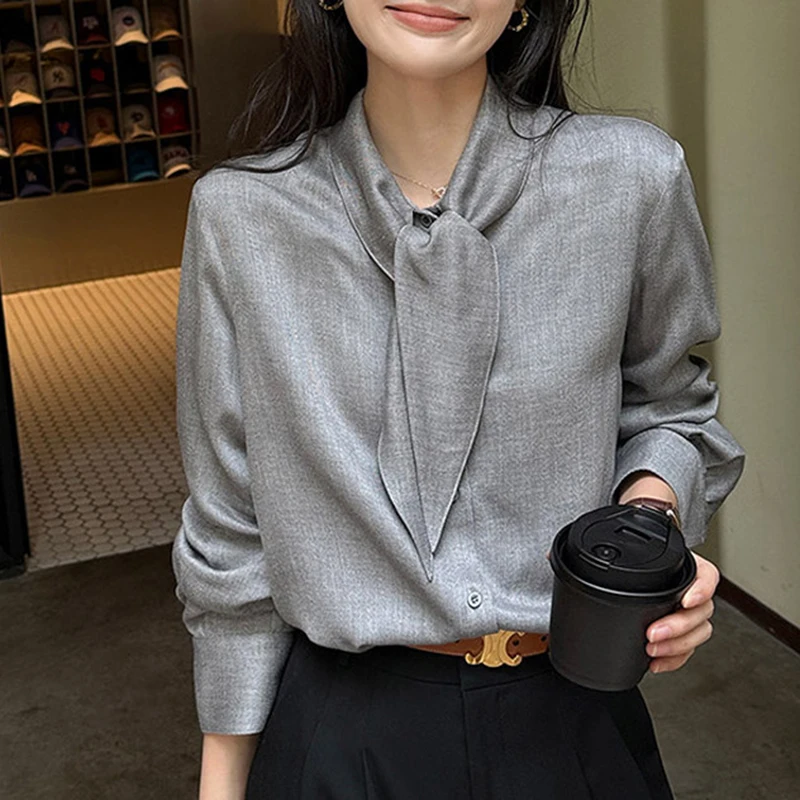 

Ladies Tops and Blouses Long Sleeve Single-breasted Tops Shirts Elegant Workwear Buttons Down Ribbon Grey Tops Shirt Women 2026