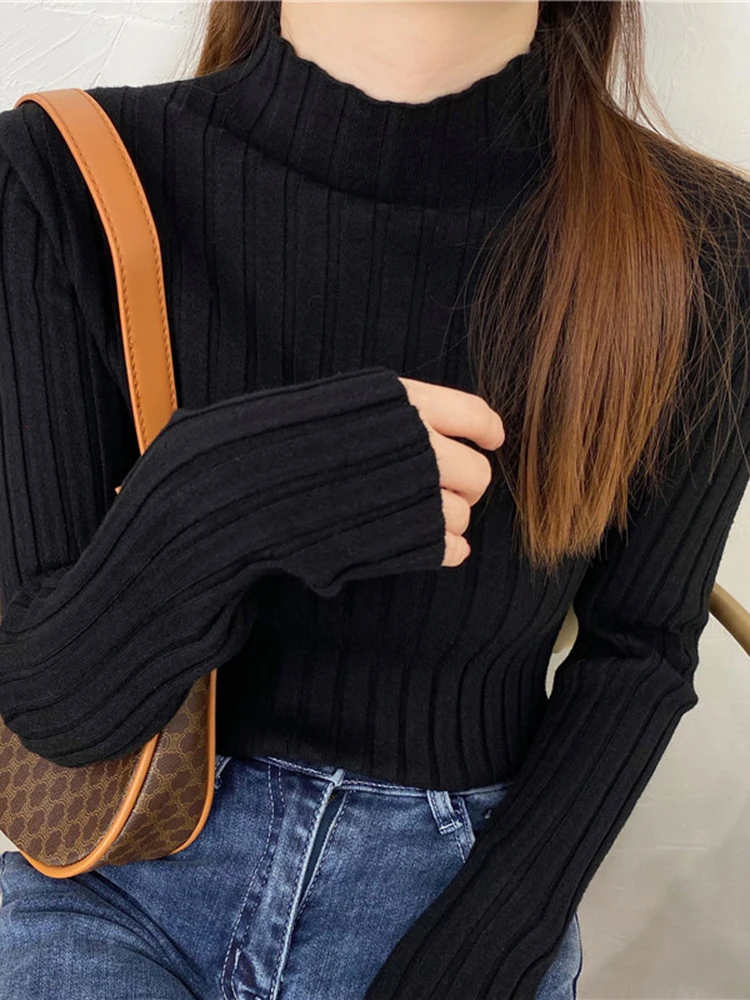 Autumn Winter Knitted Ribbed Mock Neck Sweater Women Clothes 2024 Long Sleeve Slim Basic Pullover Woman Sweaters Solid Tops