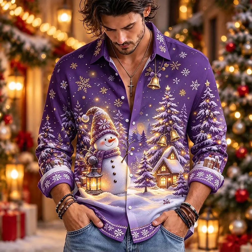 Purple Snowman Winter Village Print Shirt Christmas Night Scene 3D All Over Print Men Long Sleeve Casual Shirt