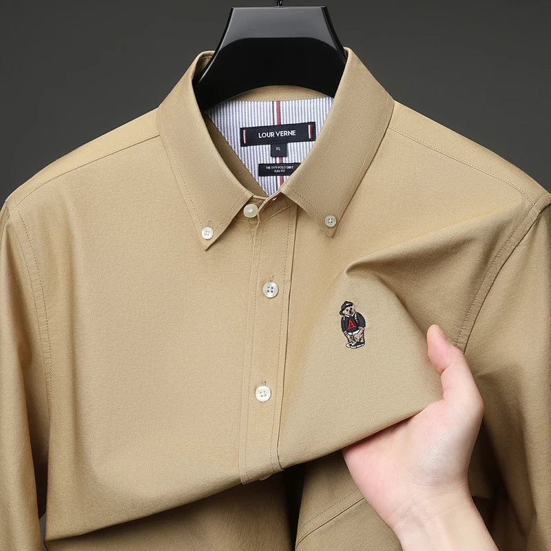 100% Cotton Men Long-Sleeved Shirt Lapel Single-Breasted Bear Embroidery Autumn Winter New Shirt Casual Versatile Men's Clothing
