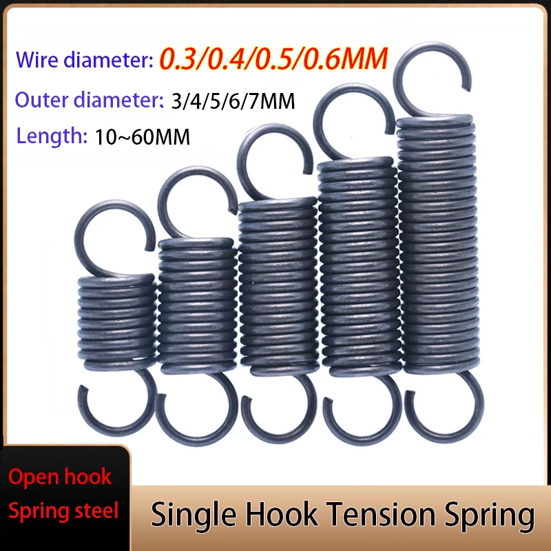 

10Pcs Wire Dia 0.3/ 0.4/ 0.5/0.6MM Outer Diamet 3/4/5/6/7MM Length: 10~60MM Spring Steel Single Hook Spring Tension Spring