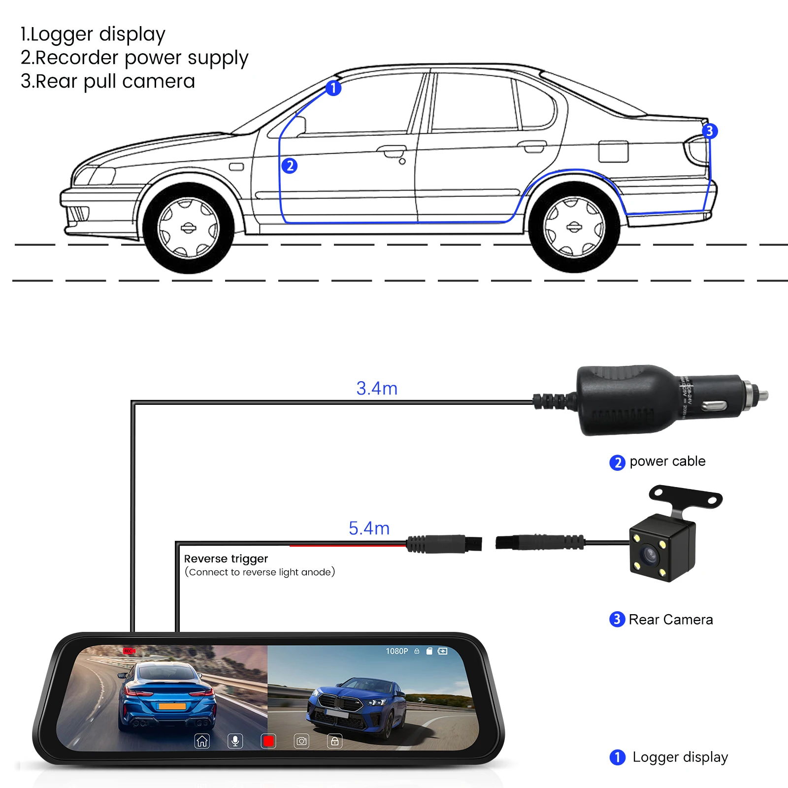 Podofo 9,66'' Dashcam 1080P Dual-Objektiv Auto-DVR Mehrsprachiger Auto-Videorekorder mit 480P Rückfahrkamera 150° ° Breiter Betrachtungswinkel – Detail 17