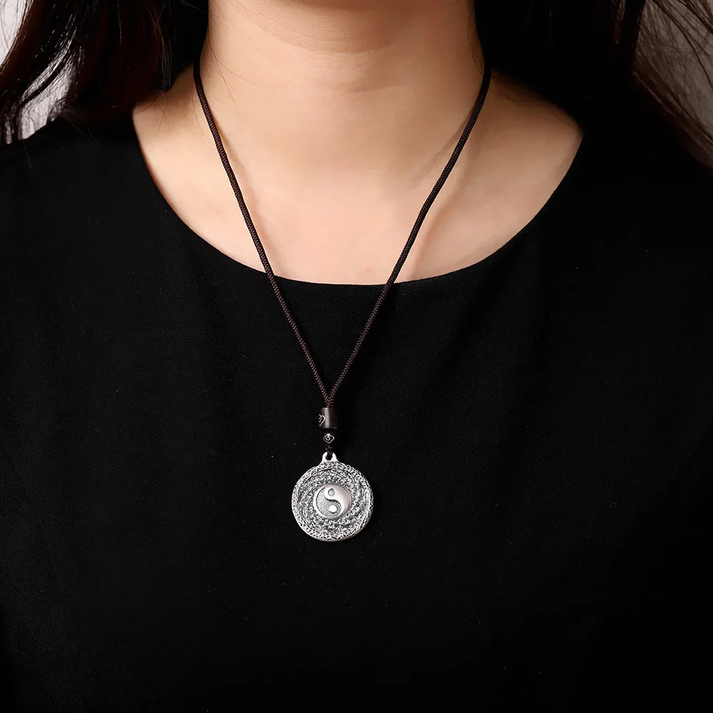 1Piece Magic Taoism Eight Diagrams Neutral Thai Silver Jewelry Real 999 Fine Silver Medal Pendants Necklaces Infinity Rope Chain