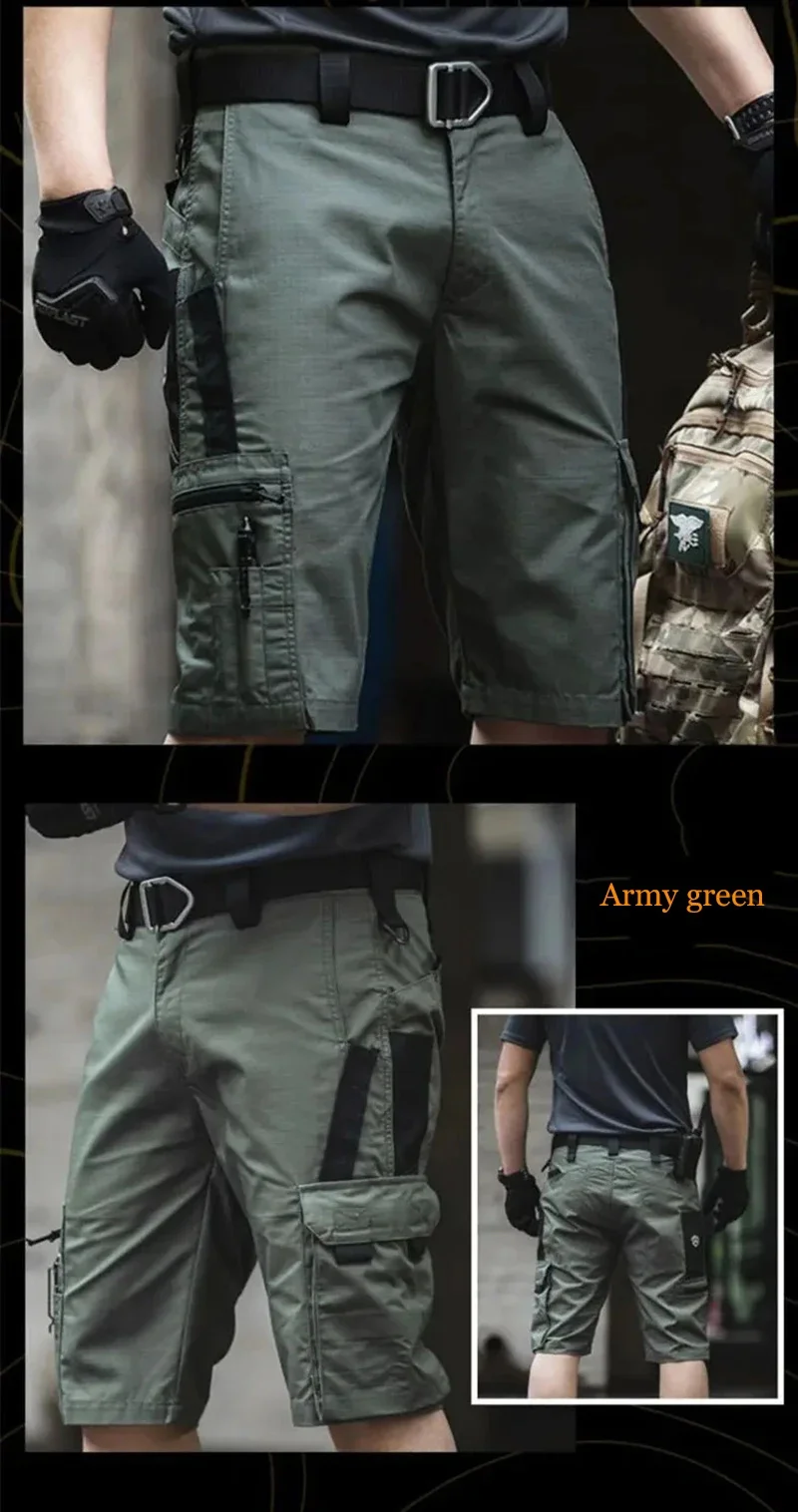 Militärgrüne Outdoor-Arbeitshose Herren Camouflage Einfarbige Trainingsshorts Sommer Multi Mouth Bag Shorts im Militärstil – Detail 15