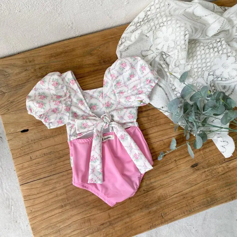 

2026 Summer New Baby Girl Short Sleeve One Piece Swimsuit Girls Sweet Floral Bathing Suit Infant Toddler Backless Swimming Suit