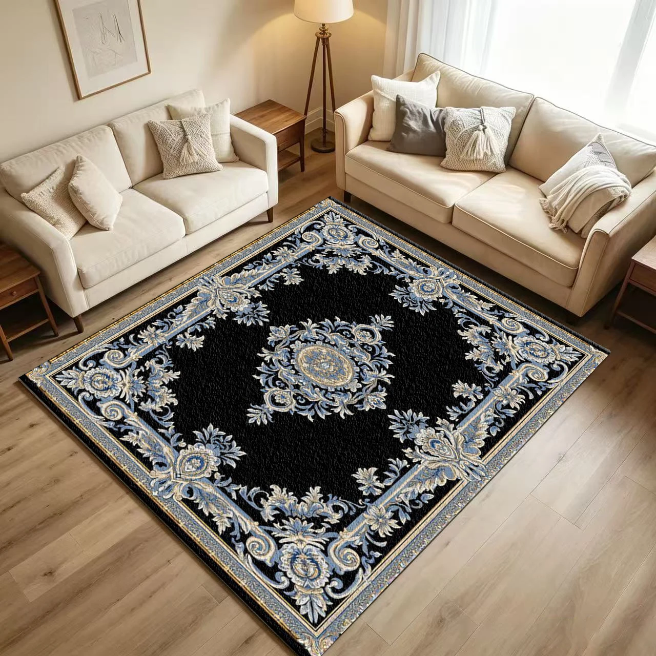 Luxury Black Background Blue Gold Baroque Carpet Flooring Classical Ornate Medallion Border Printed Floor Rug for Household Indoor Home Decoration