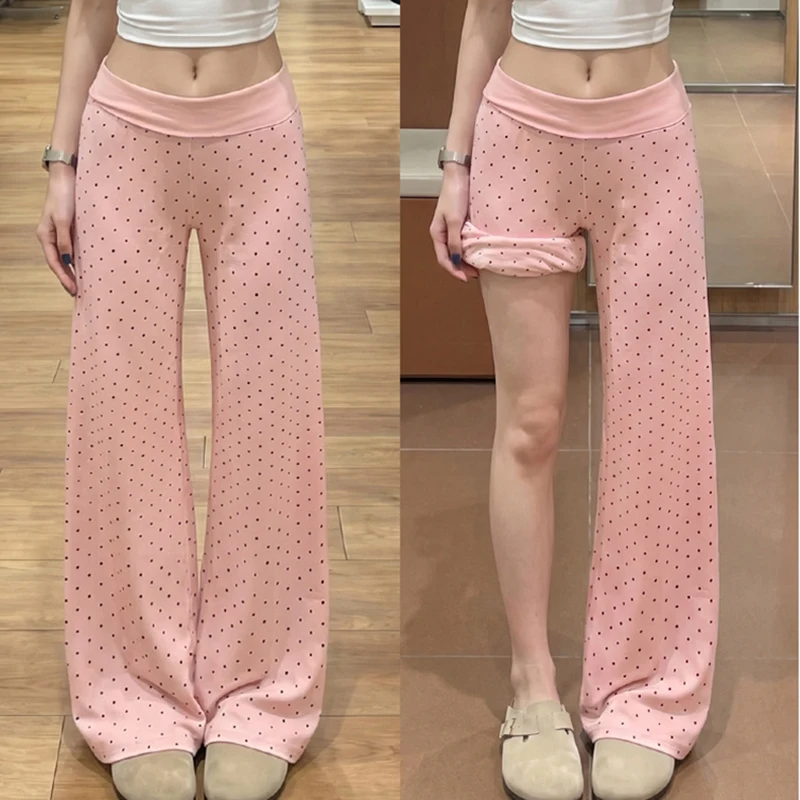Korean Polka Dot Micro Flared Pants for Women Autumn Thin Elastic High-waisted Casual Pants Woman Slim Fit Long Trousers