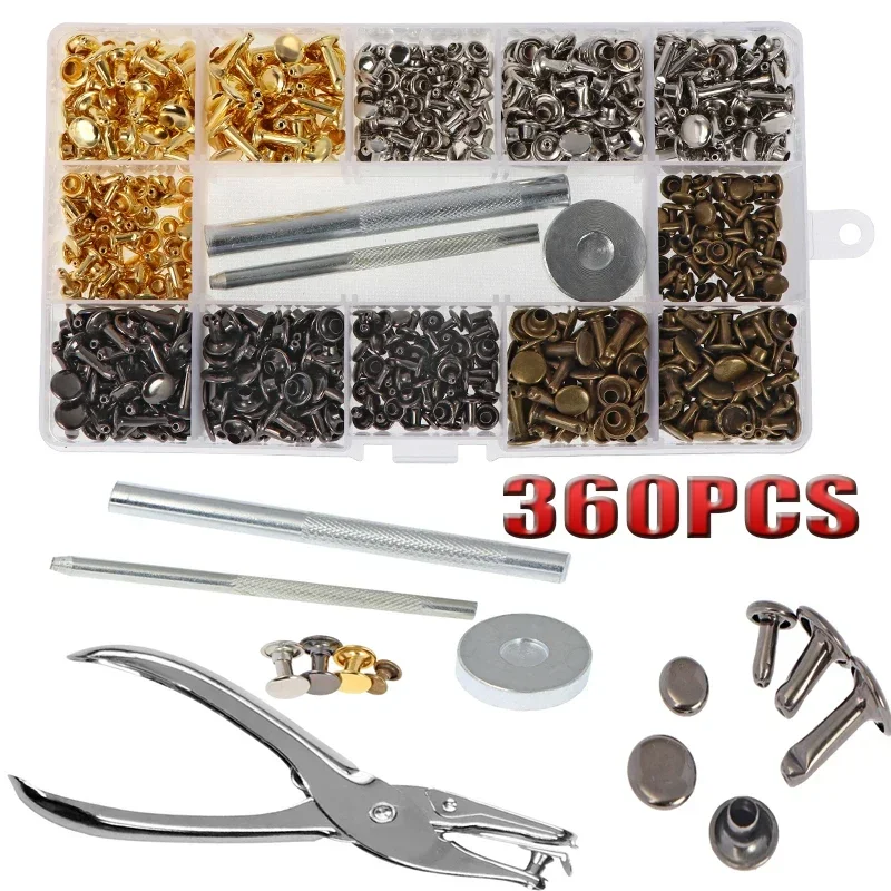 Copper Leather Double Cap Rivets, Tubular Metal Studs, Fixing Tool Kits, Craft Garment Studs for Cloth with Box, 360Pcs