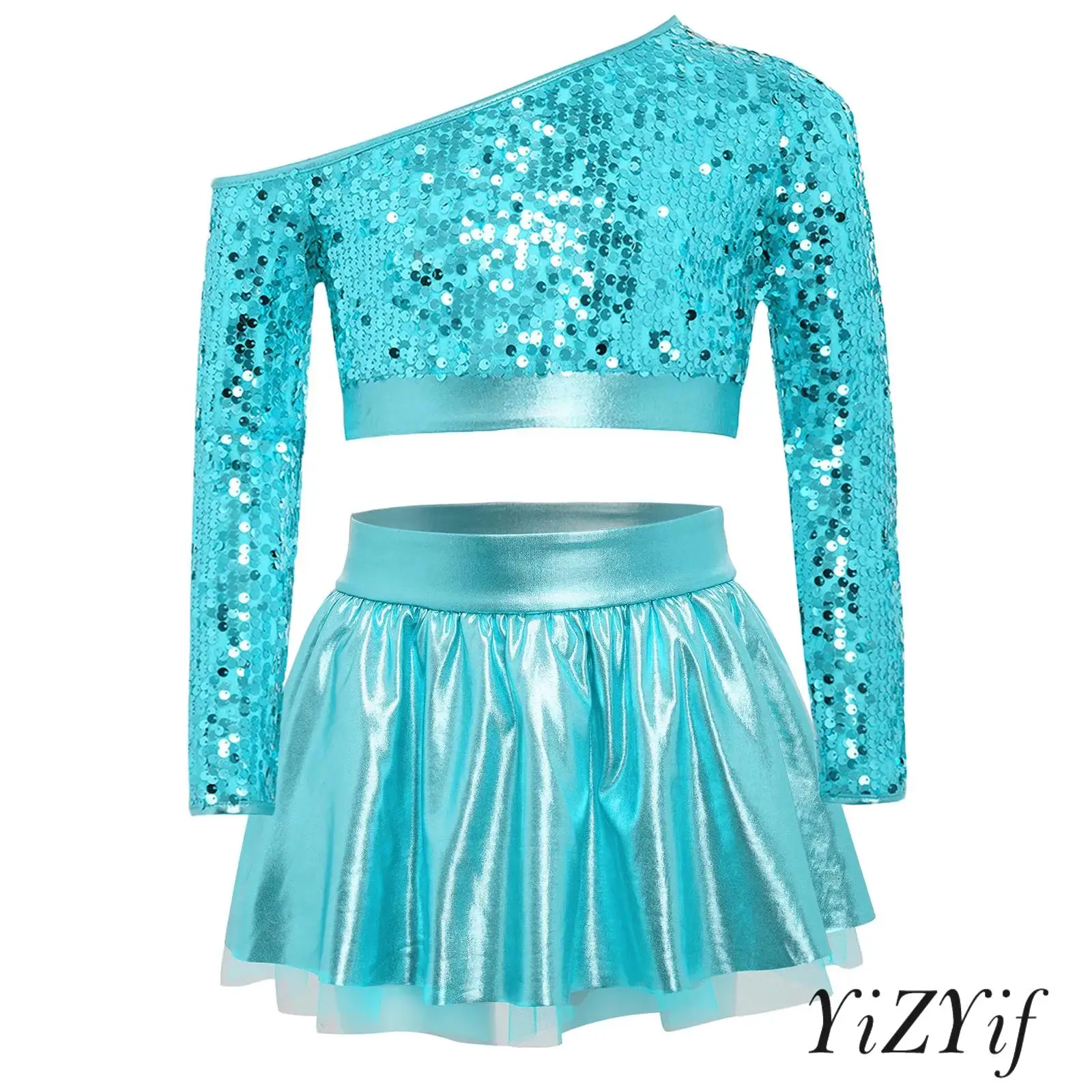 

Kids School Stage Cheerleading Performance Dance Outfits Girls Hip Hop Jazz Dance Outfit Long Sleeve Sequins Top with Skirt