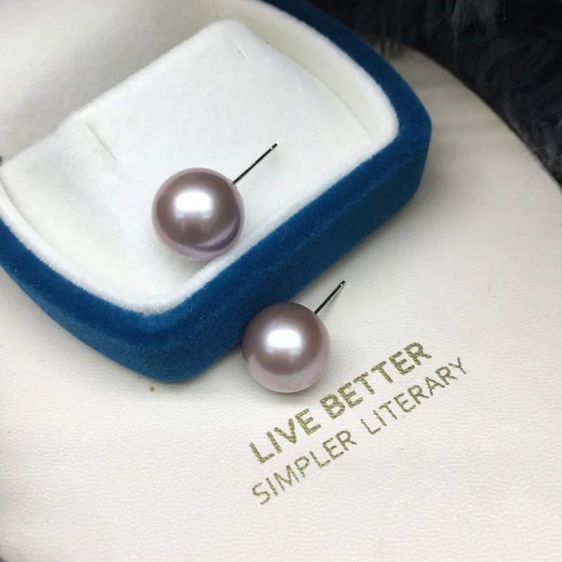 12-13mm Natural Purple Freshwater Pearl Earrings, Basic Style Perfect Round Flawless Luster, S925 Silver Pearl Studs Gift
