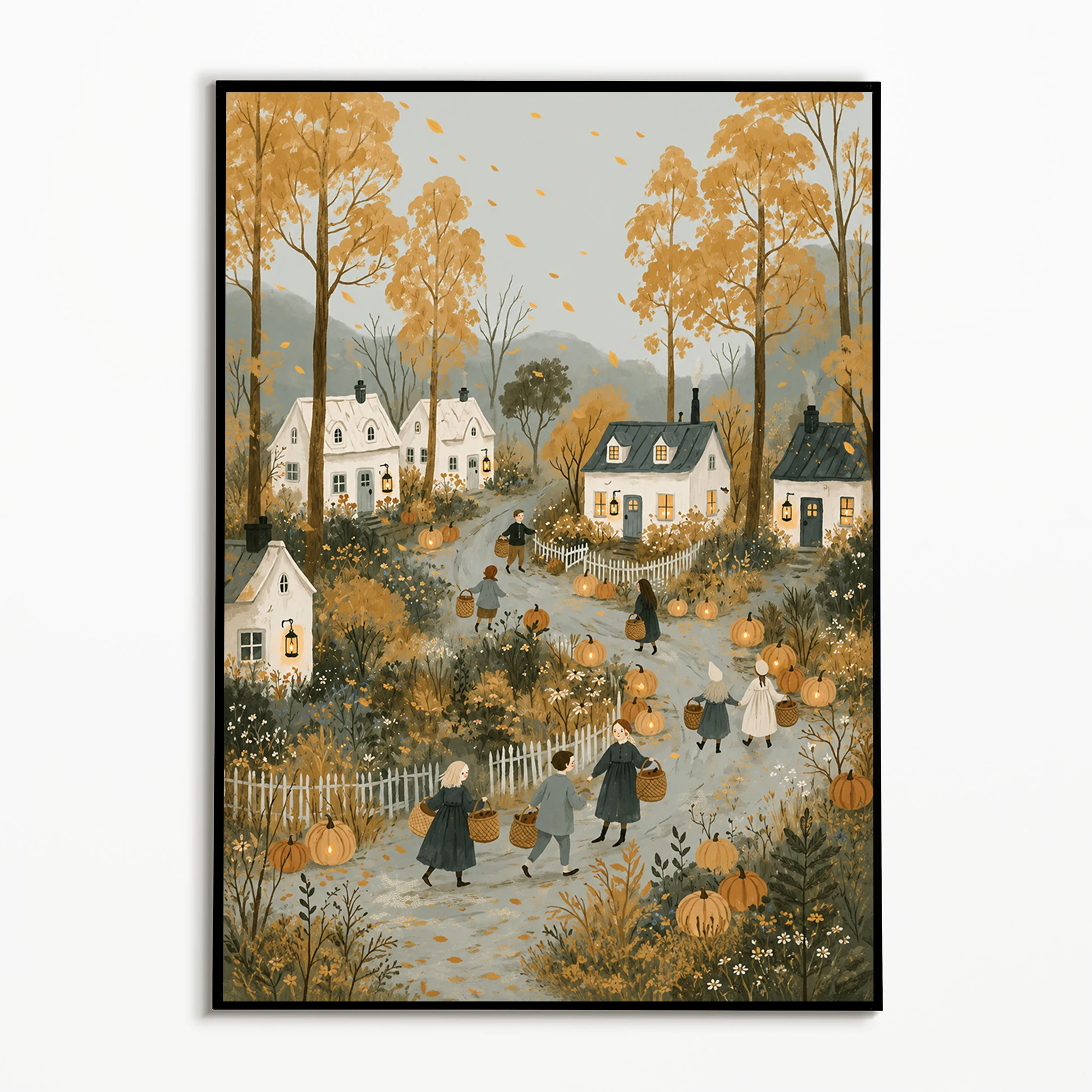 1PC Autumn Countryside Pumpkin Ghost Poster  Halloween Retro Town Scenery Wall Art  Canvas Printing Room Decor Fall Decoration