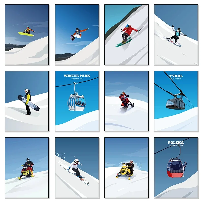 1pc frameless Canvas Painting Ice Sports Winter Snowboarder Skiing Snowmobiling Sled Poster Prints Canvas Printing Wall Art Pict