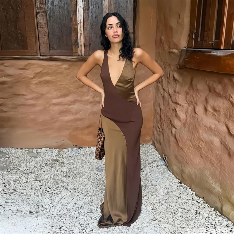 Color Blocking Prom Dress Sexy Halter Backless Sleeveless Long Sheath Party Gown Slim‑Fit Casual Daily Birthday Evening Robe