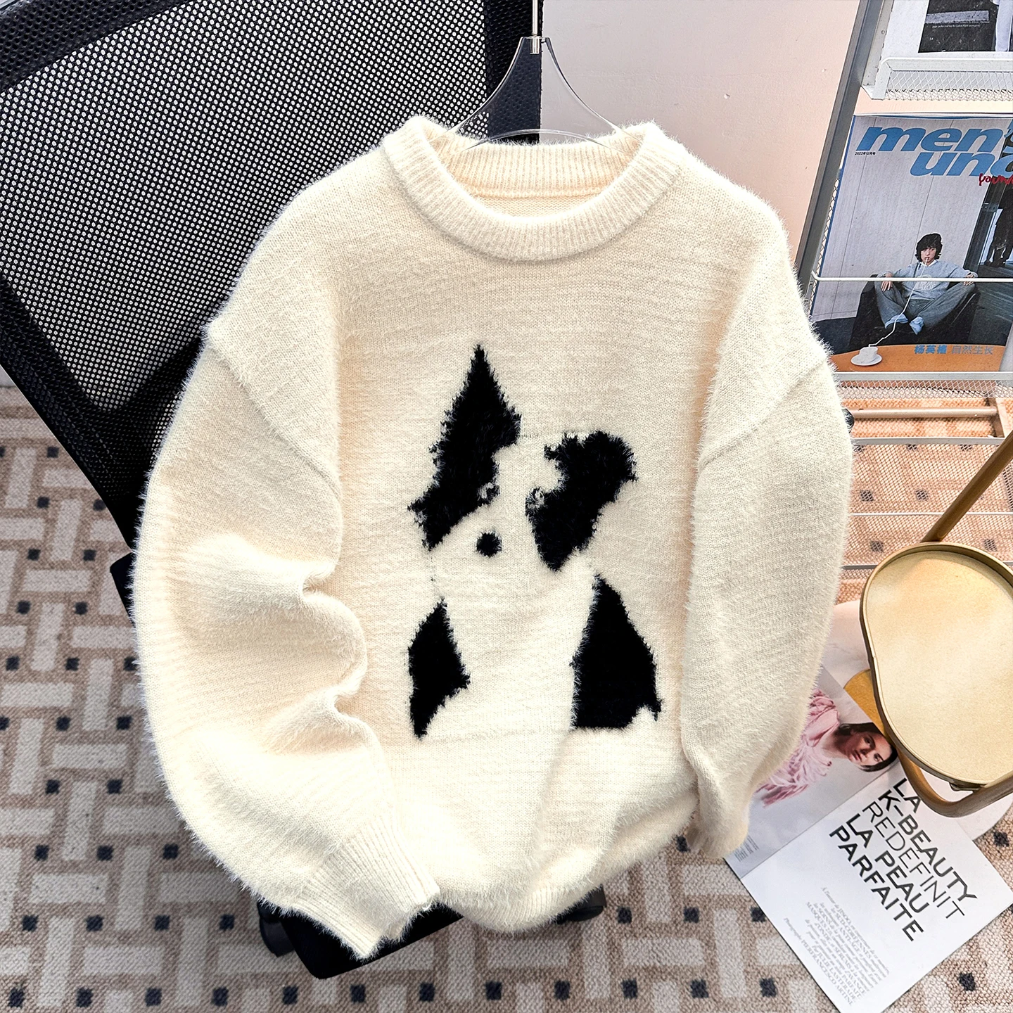 

Вязаный свитер с мультяшным рисунком собаки, круглый вырез, мягкий, утепленный, осенне-зимний, мужской, модный, повседневный, теплый, цветной