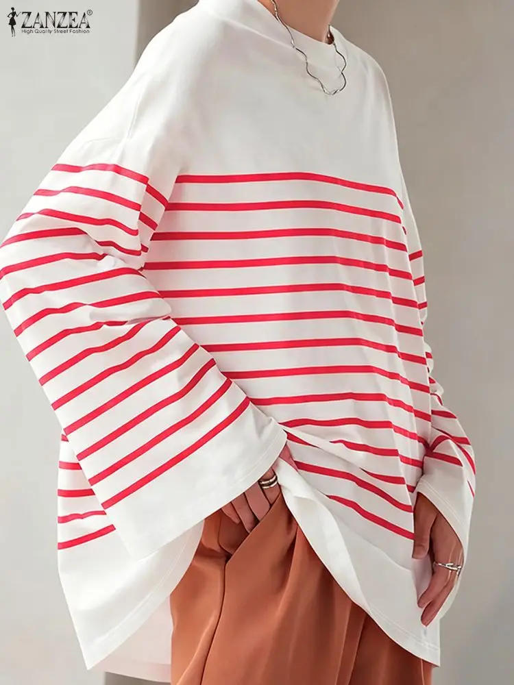 Mode femmes sweats ZANZEA automne surdimensionné sweat décontracté col rond à manches longues rayure pull femme ample tricoté hauts