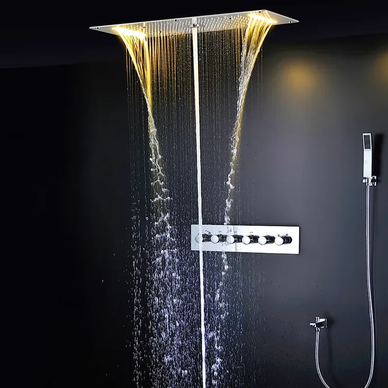 Bathroom LED Shower Set Ceiling Rainfall Waterfall Misty Shower Head Panel 380x700mm Thermostatic Mixer Diverter Faucets