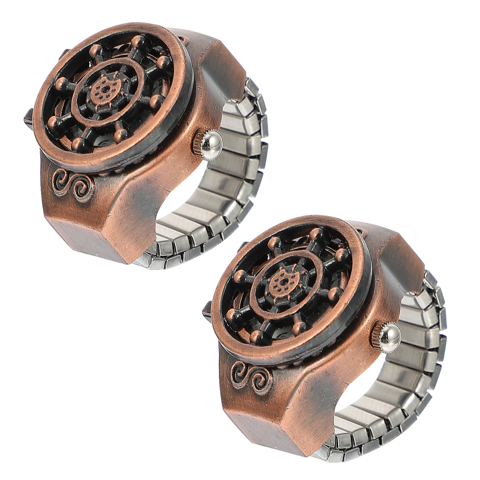 

2Pcs Vintage Ship Wheel Ring Watches Chic Flip-Open Cover Decorative Finger Watch Elegant Casual Wear Jewelry Ring Watch