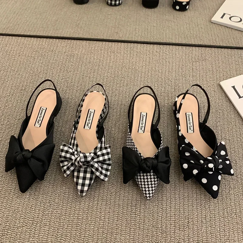 Women\'s Pumps Fashion Pointed Toe Bowknot Slingbacks Pumps Plaid Polka Dots Heels Slip-on Small Heel Sandals Casual Thin Shoes