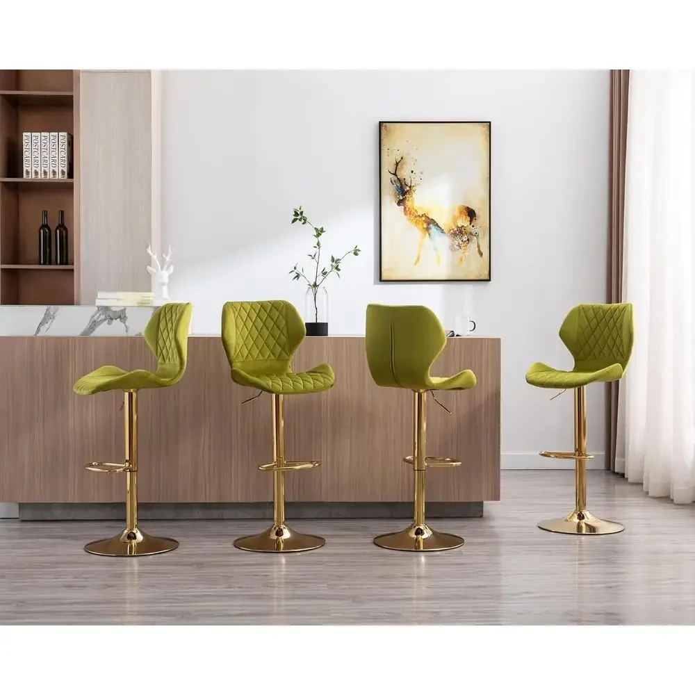 Conjunto de 2 Banquetas Ajustáveis de Veludo, Douradas e Verdes, Cadeiras de Balcão com Altura de 23.6-31.5 Polegadas