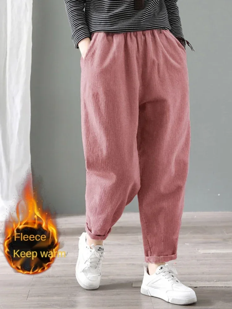 Velvet Warm Winter Pants for Women Elastic Waist Corduroy Harem Pant Loose Solid Pockets Oversize Streetwear Trousers Women