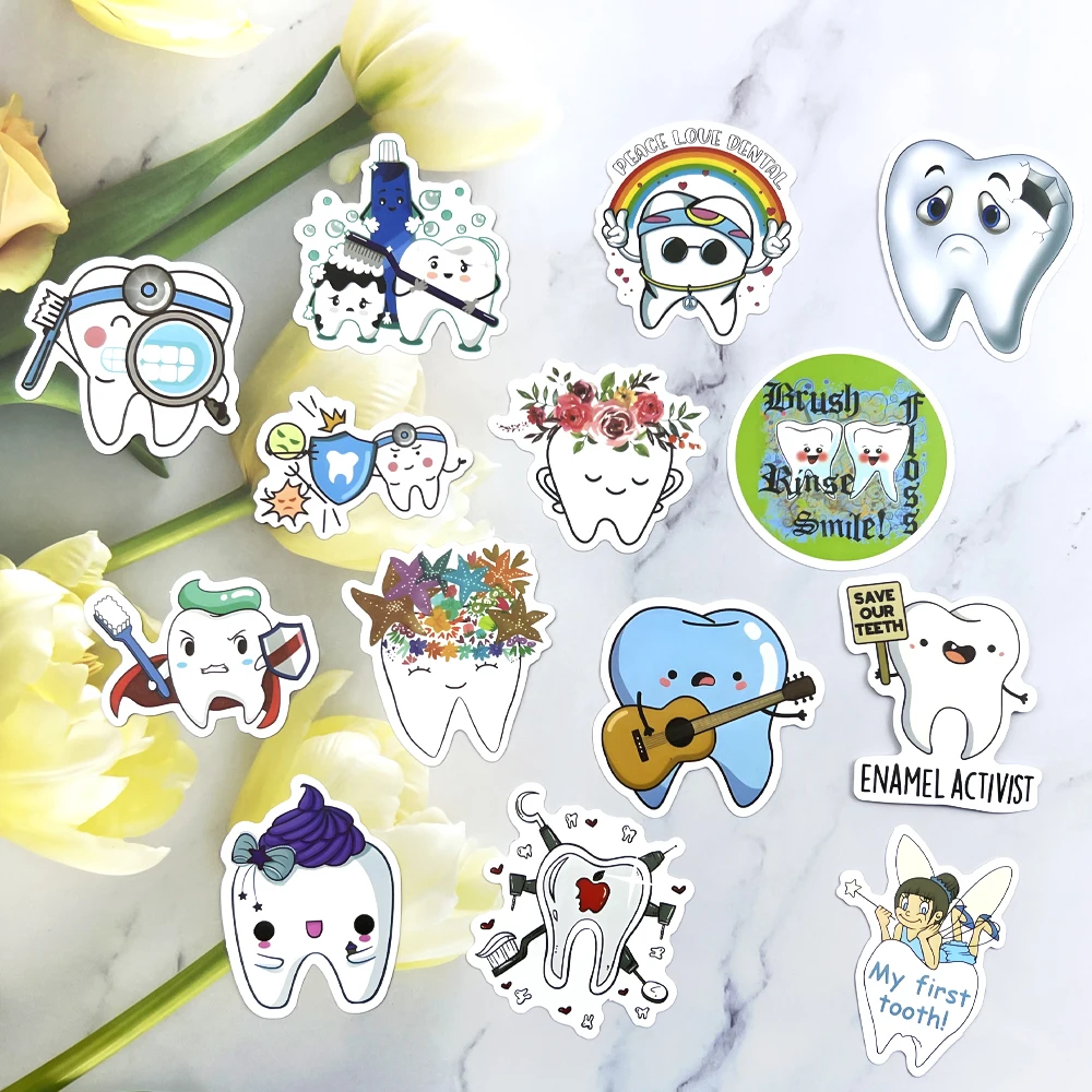 50Pcs Cute Dental Tooth Shaped Stickers Dentist Store Toothbrush Cartoon Teeth Sticker Wallstickers Decoration Dentistry Gifts