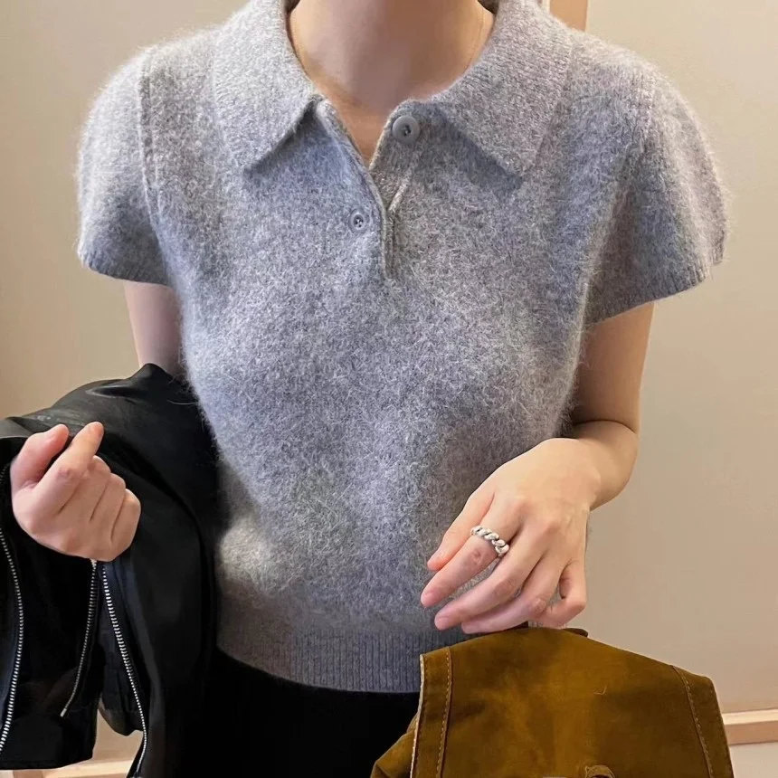 Maglione lavorato a maglia Chic Ne per donna Primavera New Sle Simple Ele ort Sve Top in fibra di poliestere con colletto rovesciato