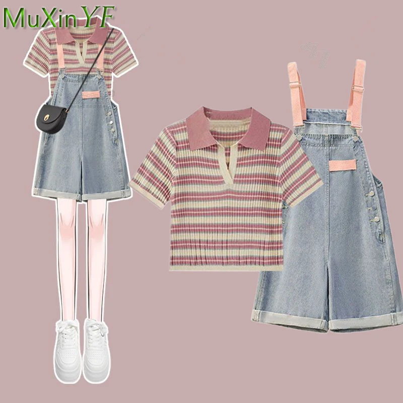 New Women Daily Stripe Short T Shirts Denim Overall Short Pants 1 or 2 Piece Set Korean Girls Sweet Pink Tops Jeans Suits 2023